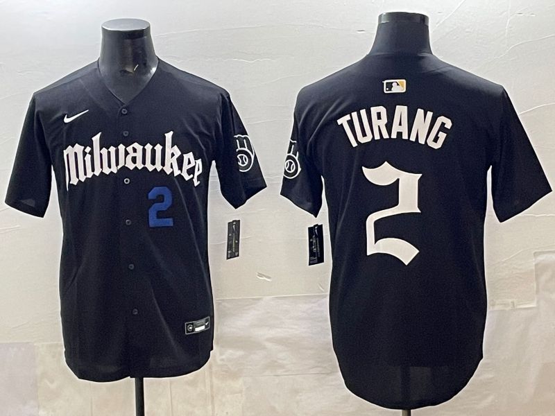 Men 2025 Milwaukee Brewers #2 Turang Black Five generations Joint Name Nike MLB Jersey style 6->milwaukee brewers->MLB Jersey